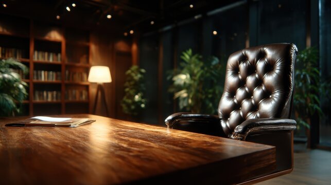 A luxurious brown leather executive chair stands prominently in a sleek modern office, accentuating the ambiance of professionalism, comfort and sophistication in a workspace setting.