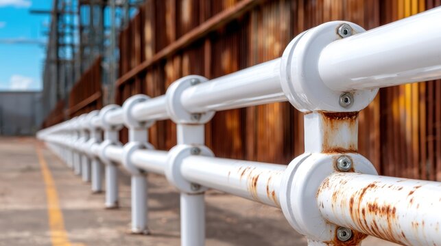 Industrial scene featuring white pipe railings with rust against a weathered brown background, highlighting a blend of decay and durability in an urban environment.