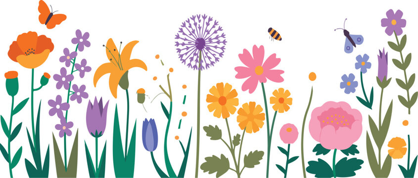 Vector set of summer garden flowers and insects isolated on white background with cottage backyard floral landscape illustration