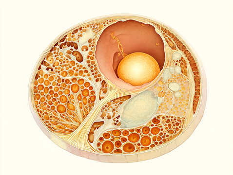 Ovarian follicle cross section anatomy illustration showing oocyte zona pellucida granulosa cells theca layers and follicular antrum for women's health and fertility education in warm amber gold tones