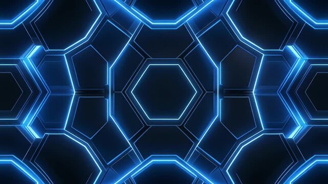 エレクトリックブルーネオン六角パターンが股動する未来背景 プレゼンYouTube用 16:9 4K