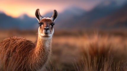 Fototapeta premium A charming llama gazes softly into the camera with a serene backdrop of soft grass and distant mountains during a picturesque sunset, capturing nature's beauty undeniably.