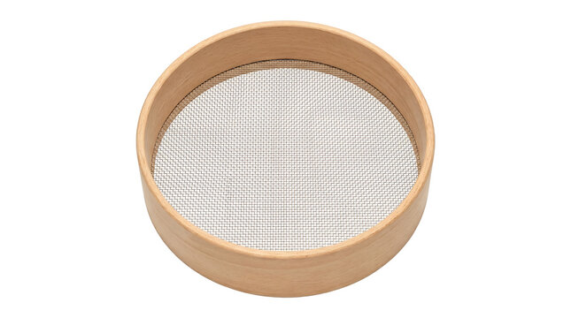 Round wooden sieve with fine mesh screen for sifting and separating dry ingredients or materials