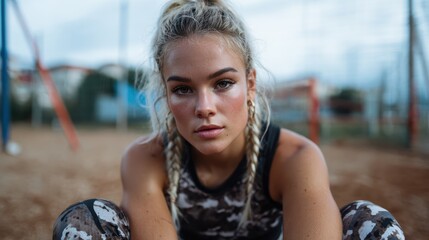 Naklejka premium A focused young woman in workout attire engages in outdoor training, emphasizing strength and determination in a physical fitness setting amidst a natural backdrop.