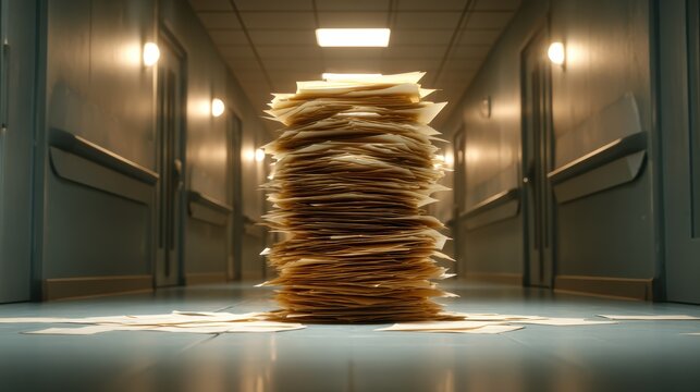 An imposing stack of disorganized paper files sits in a hallway, illustrating themes of clutter, chaos, and the overwhelming nature of excessive paperwork in modern environments.