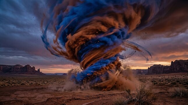 Massive swirling cyclone of dark blue and golden brown dust clouds rotates violently across the desolate arid desert landscape during a dramatic sunset light show as debris spins inside the powerful v