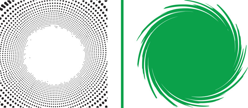 Halftone dot circle and green brush stroke swirl vector elements. Ideal for graphic design, logo creation, and decorative backgrounds, representing motion