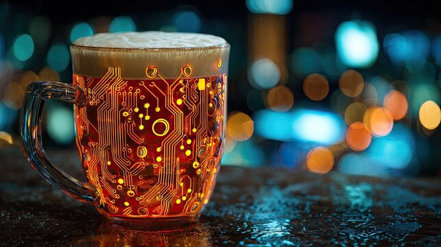 Glowing circuit board beer mug with city lights bokeh background