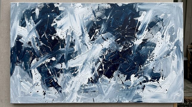 Expressive abstract oil painting featuring thick impasto brushstrokes in shades of dark navy blue and stark white colors applied with high energy to create a dynamic sense of movement and textured dep