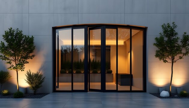 Modern architectural entrance with a large glass folding door framed in dark metal, opening into a warmly lit minimalist interior. On each side of the doorway, small trees in round pots are illuminate
