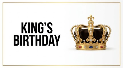 King's Birthday celebration banner, royal gold crown with jewels on white background, majestic monarch anniversary greeting card