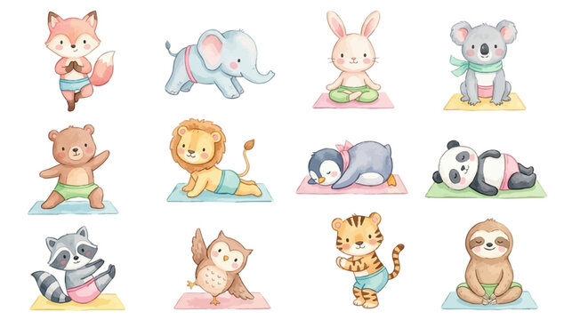 Cute baby animals doing yoga poses, watercolor cartoon set with playful characters in pastel style for nursery prints and kids design. Collection of Vector illustrations for invitation, card, poster