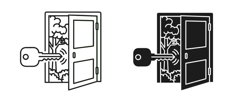 Open door key icon set with forest landscape, outline and solid style, white background, vector Illustration