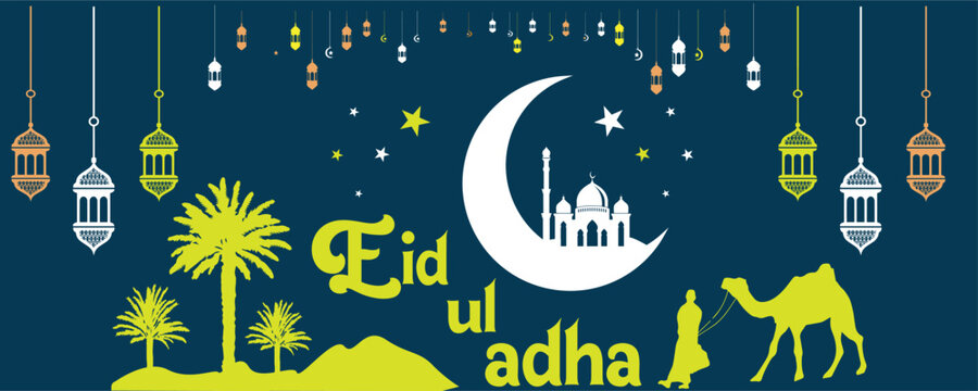 Eid Al Adha Mubarak.  eid al adha festival golden banner design. Eid mubarak wishes islamic celebration of eid al fitr and eid al adha. vector