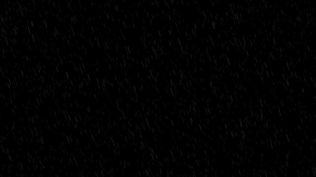 Realistic slow motion rain falling diagonally from the left side on a dark background creating a cinematic storm atmosphere. Perfect for film overlays, weather visuals and motion graphics