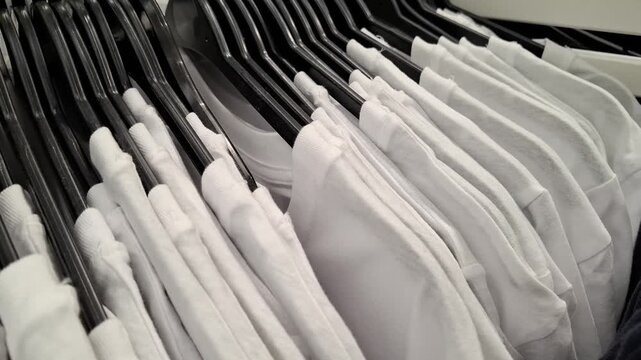 Row of identical white cotton t-shirts on black hangers in clothing store. Minimalist retail display of basic apparel. Concept mass production, fashion shopping, apparel manufacturing