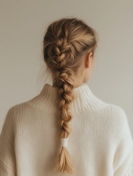 Back view of a woman with elegant blonde french braid wearing white sweater