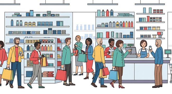 People shopping in a modern supermarket or pharmacy store