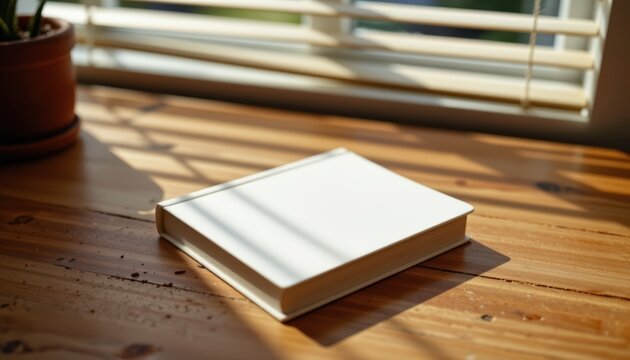 A blank hardcover book mockup placed on a wooden desk with natural sunlight coming through window bl