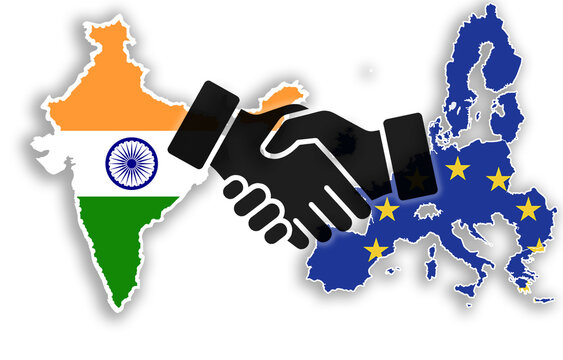 Map silhouettes of India and the European Union with flags and a handshake icon symbolizing FTA agreement, partnership, diplomacy, trade agreement, economic cooperation and international relations