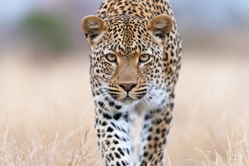 Fototapeta premium Leopard walking directly toward the camera in a natural habitat, showcasing distinct spots and facial features against a blurred background of grassland and foliage