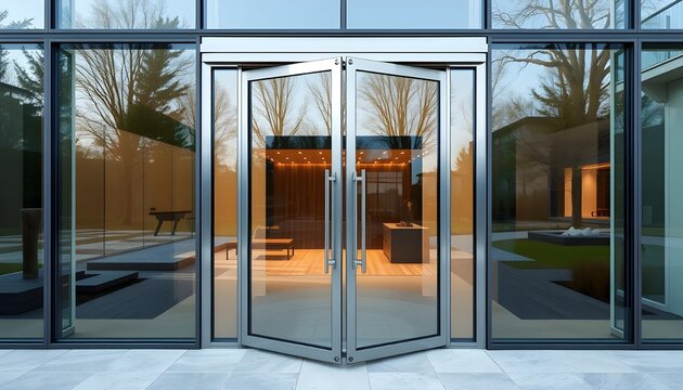 Modern glass entrance with double transparent doors framed in sleek metal, slightly open to reveal a warmly lit interior with contemporary design. Exterior glass panels reflect surrounding trees and a