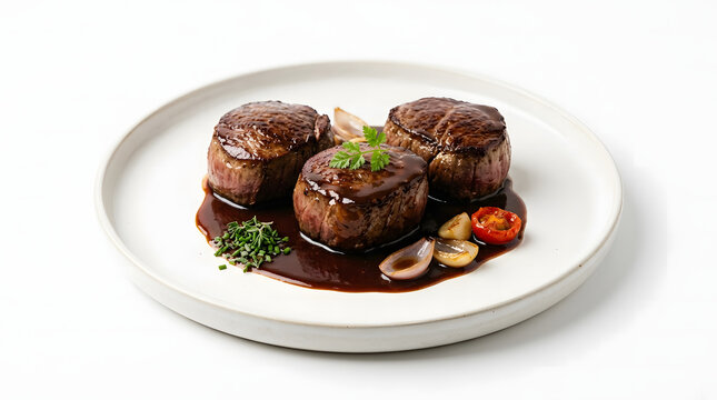 Three seared beef medallions glazed with rich reduction sauce, plated on white ceramic with roasted garlic, cherry tomato, and fresh herbs.
