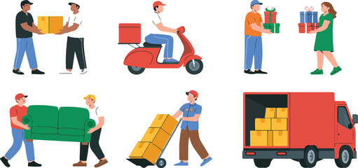 Delivery service workers flat illustration set featuring couriers with packages scooters boxes and online shipping elements © Mst