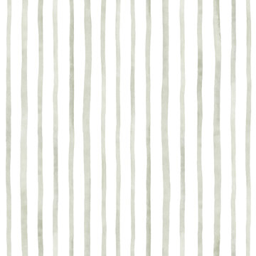 Watercolor seamless pattern with grey-green vertical stripes, hand-drawn repeat print for fabric, home textile, wallpaper or cover. Handmade illustration.