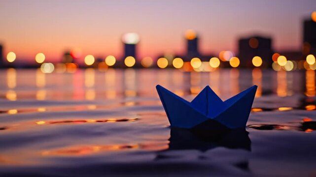 Paper boat floating on water at sunset with city lights in background