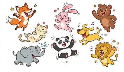 Fototapeta premium Expressive hand drawn cute animal vector set with playful cartoon characters in fun poses isolated on white