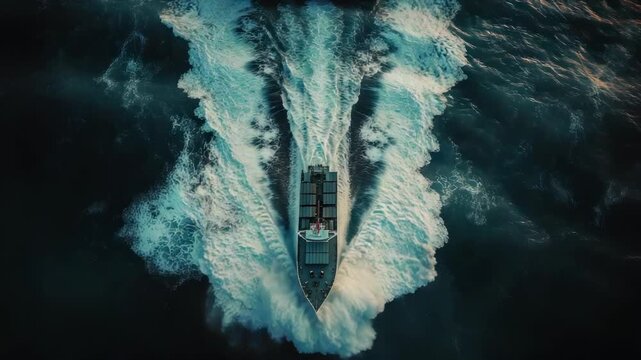 Overhead shot of a vessel cutting through dark ocean waters, churning up white foam