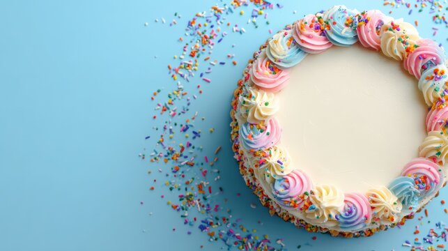 minimal cake with blank top, rich decorative borders made of piped cream and sprinkles, cute aesthetic, bright and cheerful colors, clean composition, copyspace on top