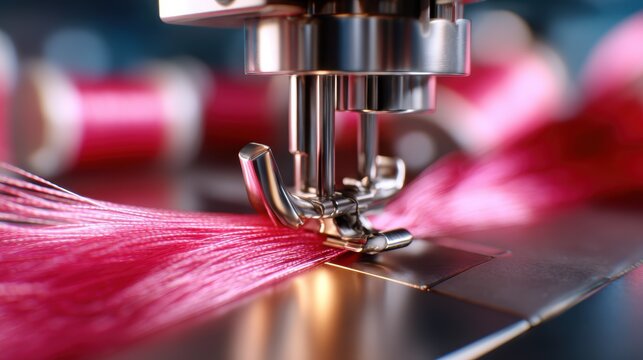 A detailed view of a sewing machine needle and pink thread, showcasing the intricate mechanics and artistry of textile crafting in a vibrant and focused setting.