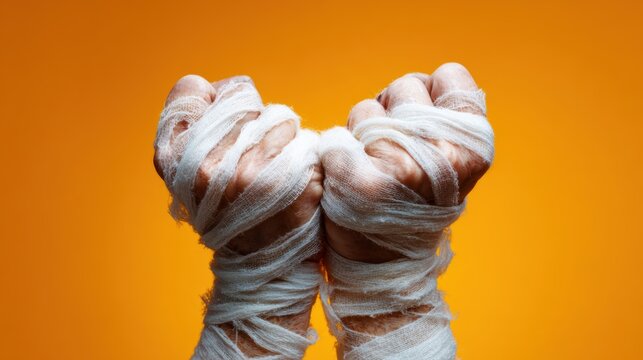 Two mummified hands raised with their fists tightly wrapped, surrounded by a warm orange glow, suggesting themes of struggle, resilience, and the human condition.