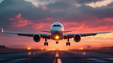 Obraz premium a passenger airplane landing on a runway at sunset