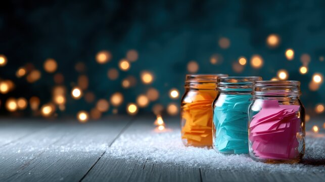 Three jars filled with colorful paper notes create a captivating visual effect, set against a softly-lit background that enhances their artistic appeal and charm.