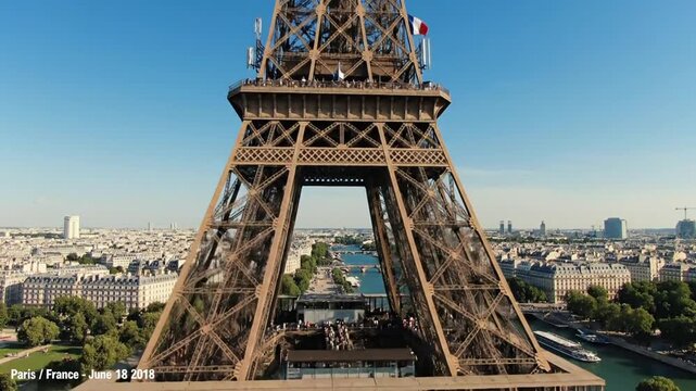Aerial Drone Footage of Eiffel Tower Paris Landmark.