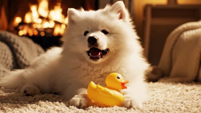 White dog holding yellow toy duck indoors near fireplace
