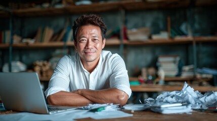 Fototapeta premium A focused man in a white shirt smiles confidently at his desk filled with papers and a laptop, highlighting the balance of work life and personal satisfaction in a home office setting.