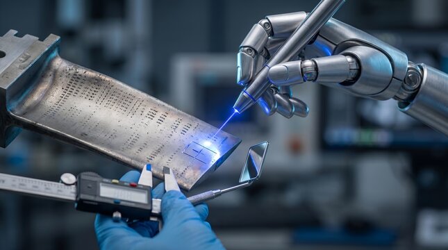 Aerospace Maintenance: Aerospace Engineer and Humanoid Robot Analyzing Jet Engine Turbine