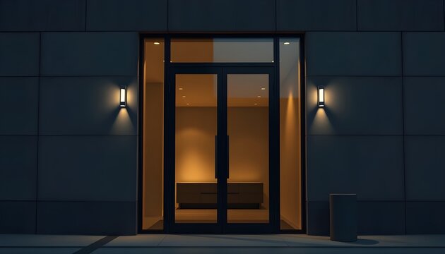 Modern building entrance with glass double doors framed in dark metal, set within sleek rectangular wall panels. Two wall‑mounted lights cast a warm glow symmetrically on either side of the doorway. I