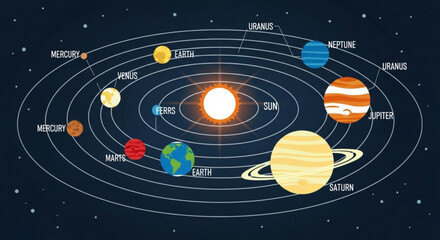 Solar system planetary orbits around sun with planets and stars in space © Zara