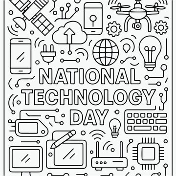 Hand drawn doodle illustration celebrating national technology day with various electronic devices and scientific icons on a plain white background