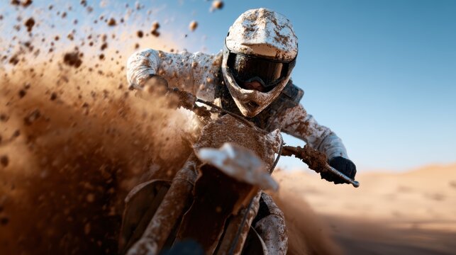 A dirt bike rider speeds through a muddy landscape, capturing the thrill of sport and adventure as dust and mud fly, embodying the excitement of outdoor racing.