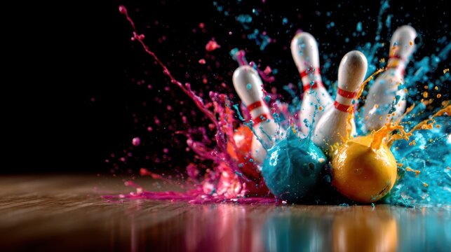 Bowling pins topple dramatically with an explosion of vibrant paint splashes, symbolizing energy, creativity, and the colorful nature of sports and fun activities.