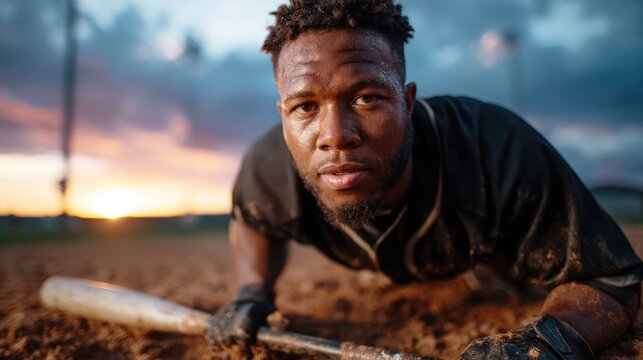 A determined athlete crawls on a muddy baseball field, deeply focused on the game, symbolizing hard work and dedication in sports while working under challenging conditions.