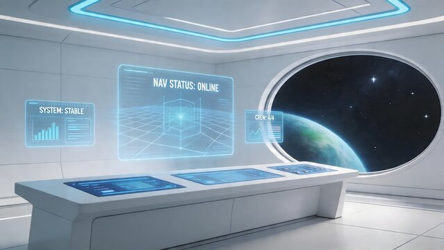 Futuristic space control room with planet view