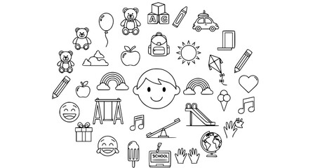 Naklejka premium Circle arrangement of child-related icons with smiling boy face center