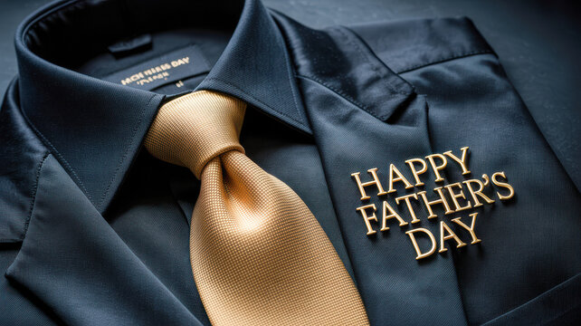 Elegant dark formal shirt featuring a stylish golden necktie paired with metallic lettering celebrating the annual holiday dedicated to honoring wonderful fathers everywhere today
